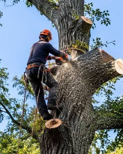 Close, upright view of an arborist in an orange helmet and harness standing on a thick trunk high in a tree, sawing off a limb section with sawdust in the air. Illustrative stock-style image, not a Columbia job or a professional in our network