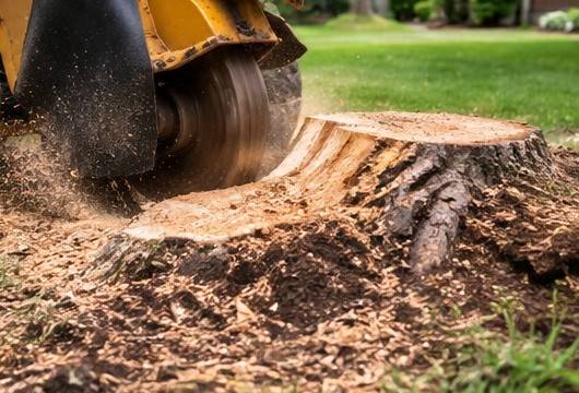 Close view of a stump grinder's spinning cutting wheel biting into the side of a cut stump on a lawn, with wood chips and dirt spraying across the grass. Illustrative stock-style image, not a Columbia job or a professional in our network